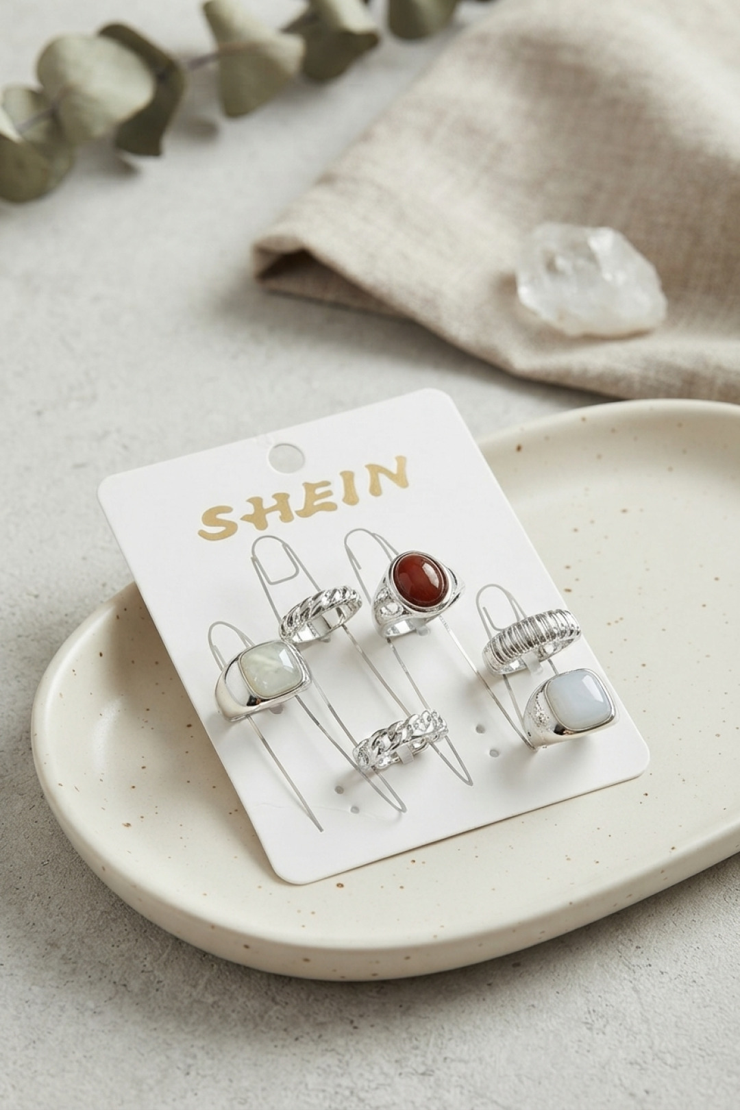Gümüş Renk Pirinç Taş Detaylı Bohem Yüzük Kombini BYK4279 - Lisinya