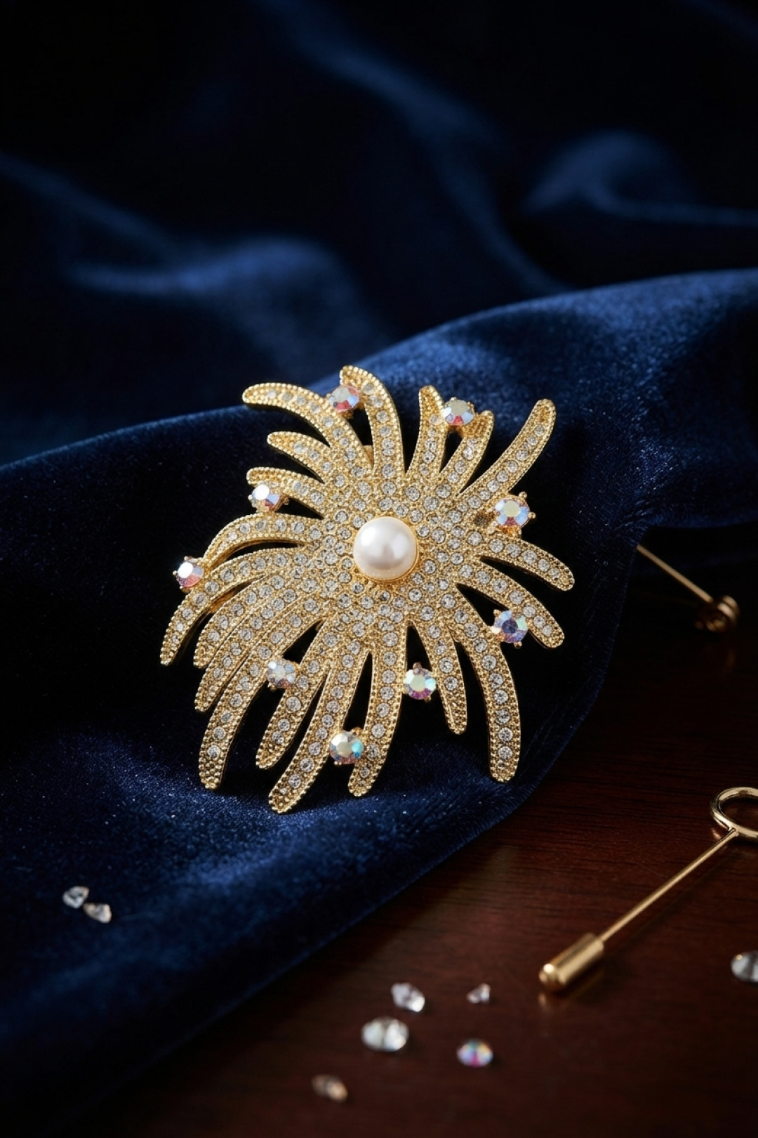 Zirkon Taşlı Gold Renk İnci Detaylı Broş - Lisinya