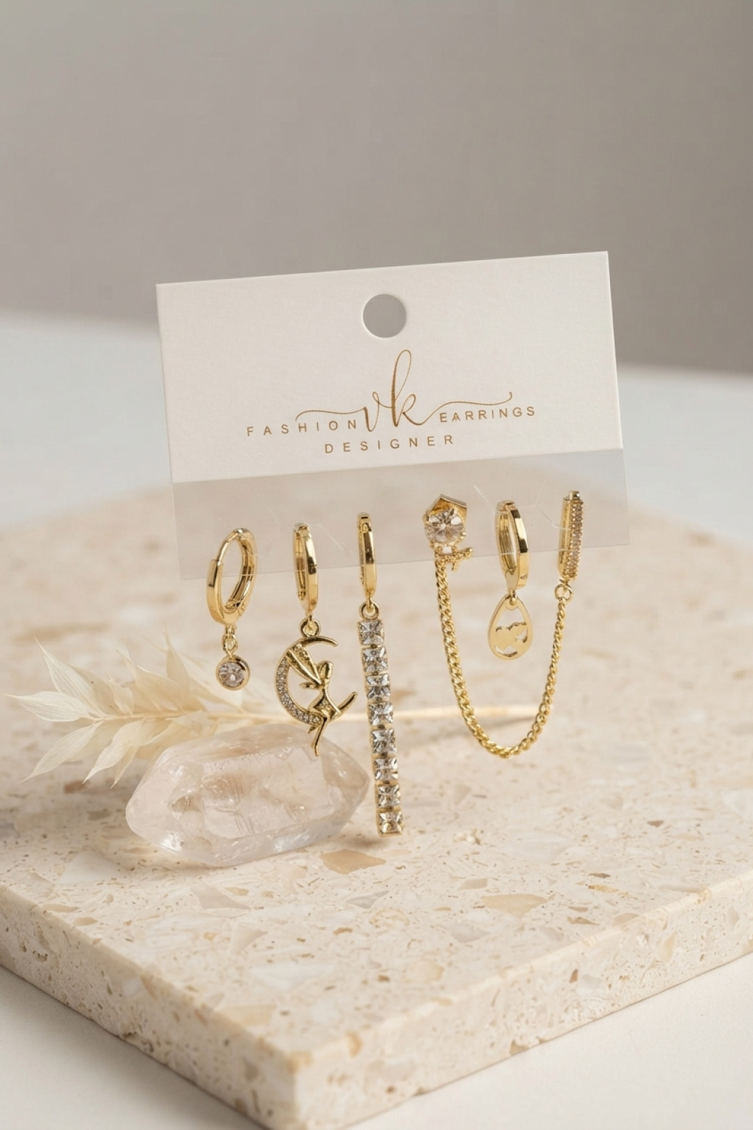 Gold Renk Pirinç Zirkon Taşlı 6'lı Küpe Set Kombini - Lisinya