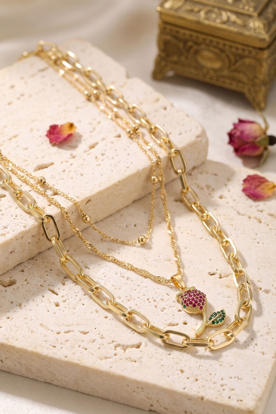 Gold Renk Lale Detaylı Kombin Kadın Kolye - Lisinya Gold Renk Lale Detaylı Kombin Kadın Kolye - Lisinya