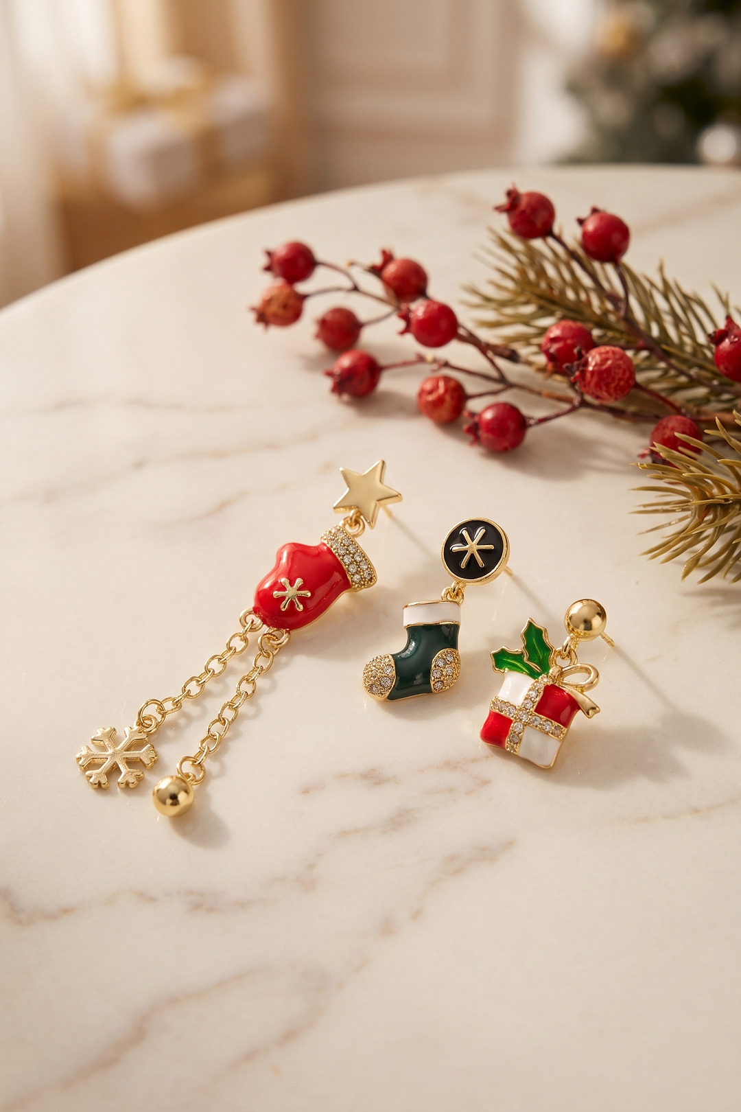 Gold Noel Baba Şapkalı Zirkon Taşlı Zincirli Yılbaşı Küpe - Lisinya