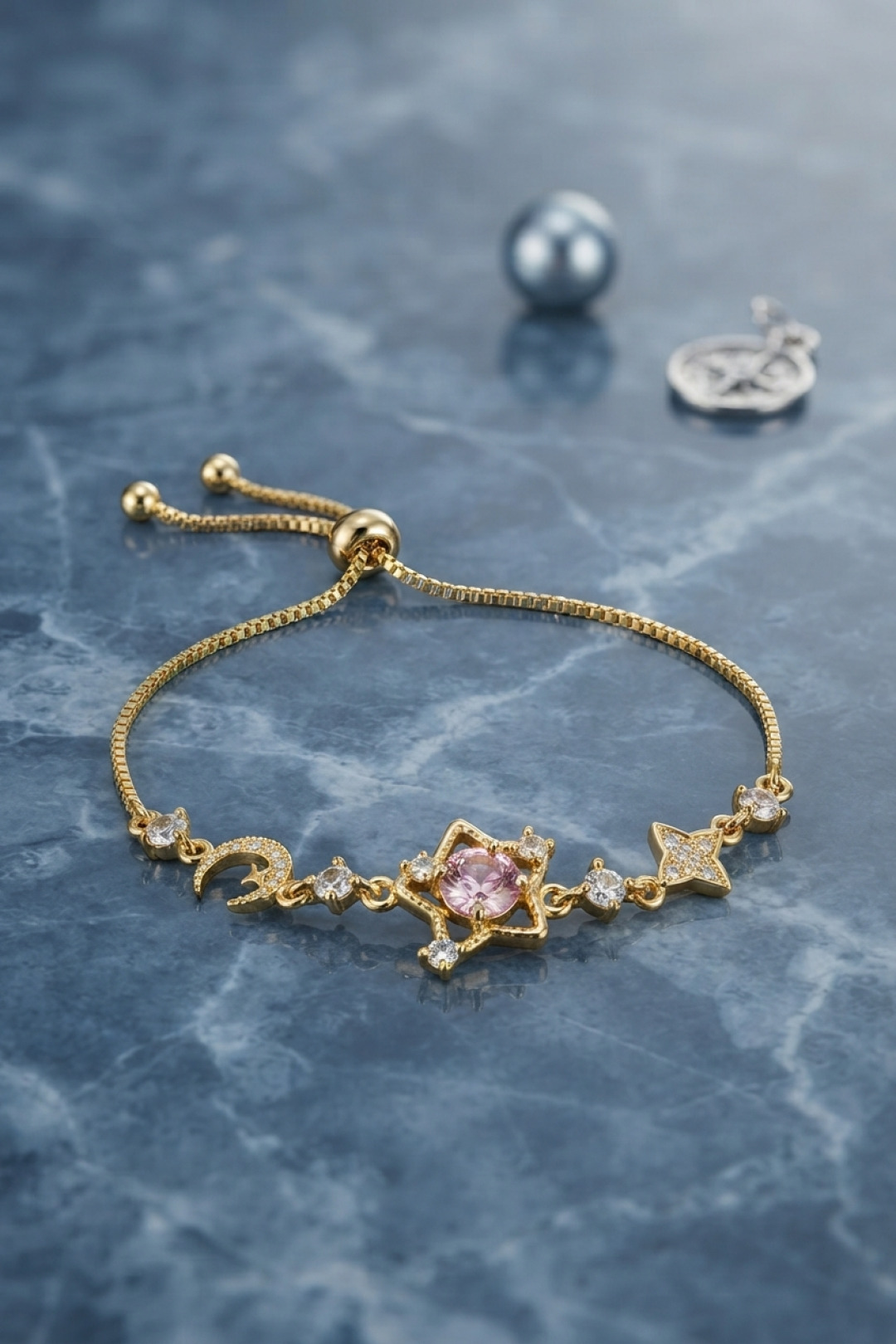 Pembe Taşlı Yıldız Model Gold Renk Zirkon Taşlı Asansörlü Bileklik - Lisinya