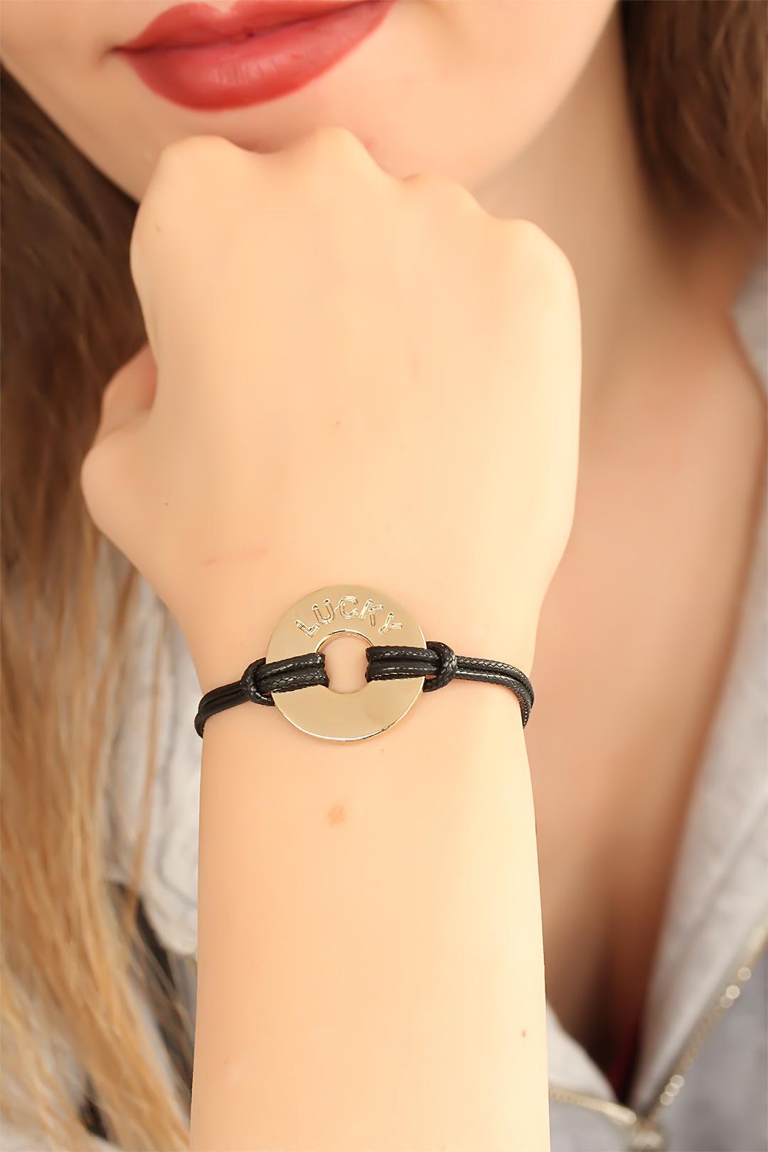 LUCKY (Şanslı) Siyah Deri İpli Unisex Mood Bileklik - Lisinya