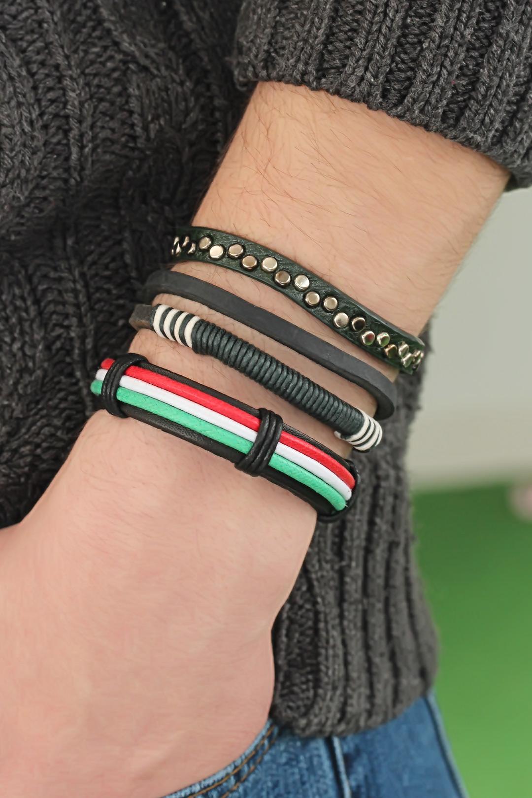 Karışık Renkli Çoklu Deri Erkek Bileklik Kombin - Lisinya