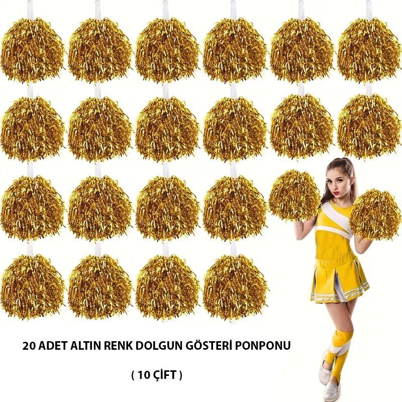 10 Çift ( 20 Adet ) Altın Renk 23 Nisan 19 Mayıs 29 Ekim Okul Gösteri Ponponları - Lisinya