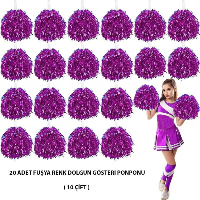 10 Çift ( 20 Adet ) Fuşya Renk 23 Nisan 19 Mayıs 29 Ekim Okul Gösteri Ponponları - Lisinya