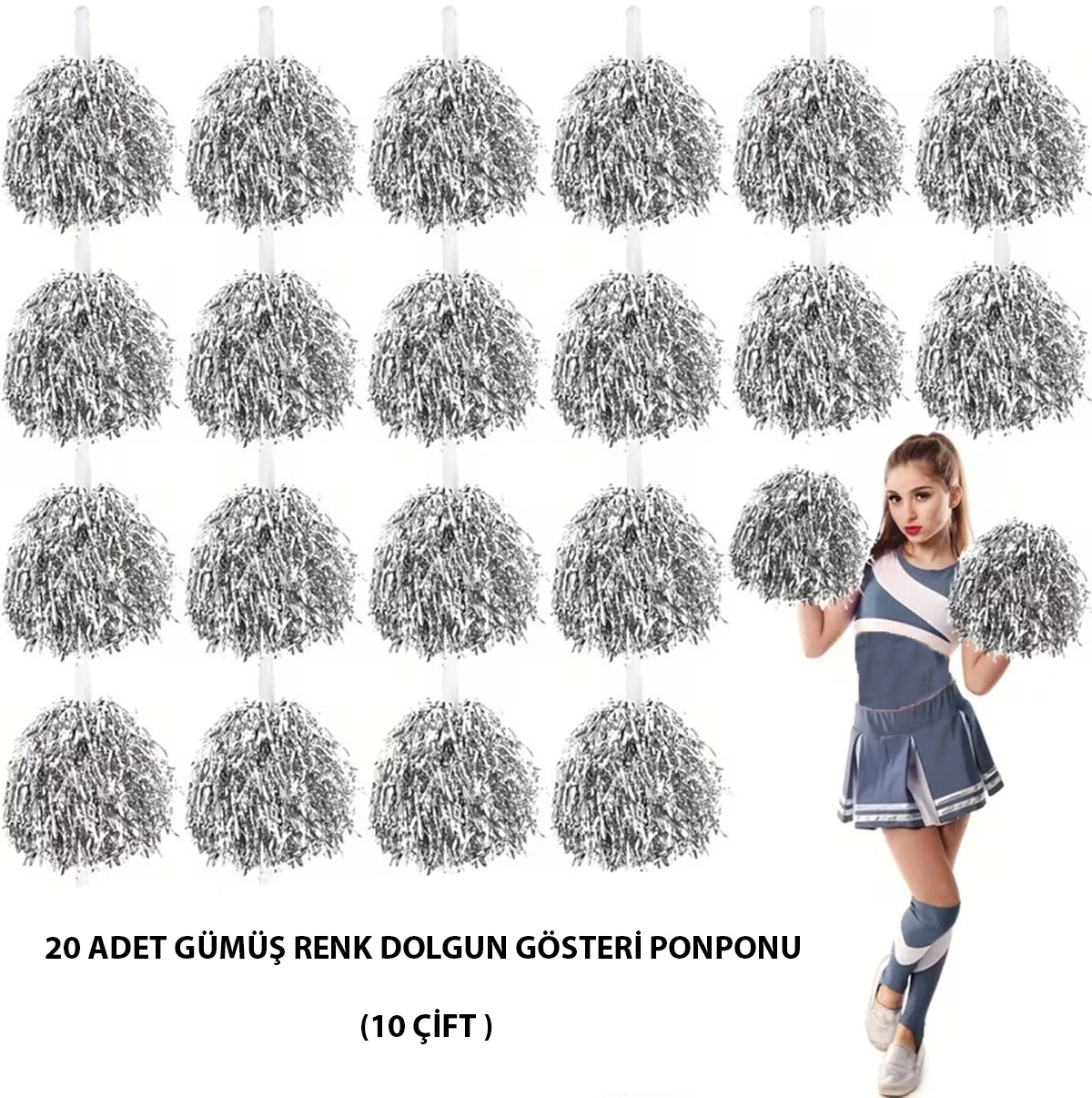 10 Çift ( 20 Adet ) Gümüş Renk 23 Nisan 19 Mayıs 29 Ekim Okul Gösteri Ponponları - Lisinya