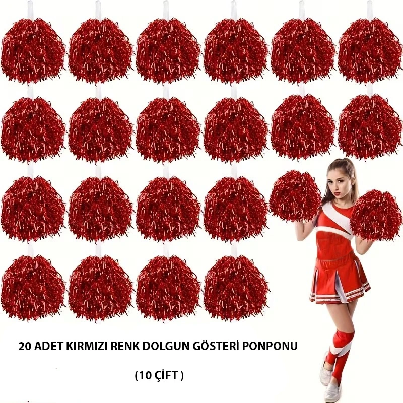10 Çift ( 20 Adet ) Kırmızı Renk 23 Nisan 19 Mayıs 29 Ekim Okul Gösteri Ponponları - Lisinya