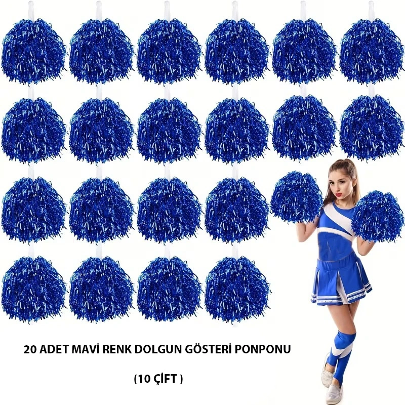 10 Çift ( 20 Adet ) Mavi Renk 23 Nisan 19 Mayıs 29 Ekim Okul Gösteri Ponponları - Lisinya
