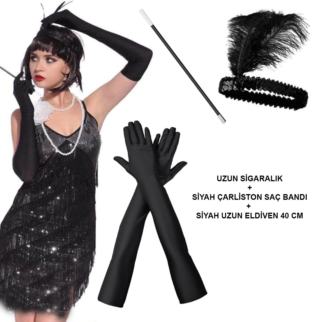 192039ler Gatsby Aksesuar Seti – Siyah Charleston Saç Bandı, Uzun Eldiven  Lık - Lisinya