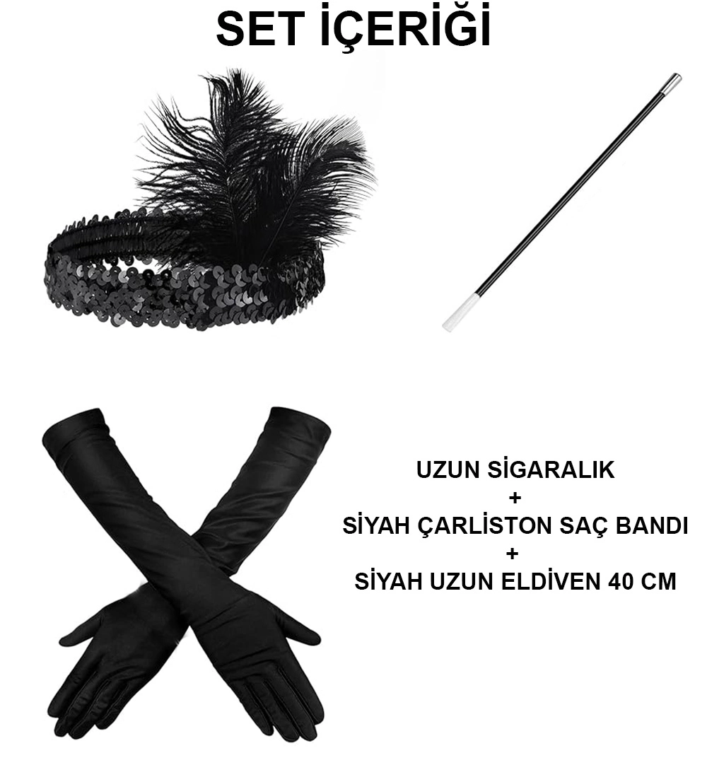 192039ler Gatsby Aksesuar Seti – Siyah Charleston Saç Bandı, Uzun Eldiven  Lık - Lisinya