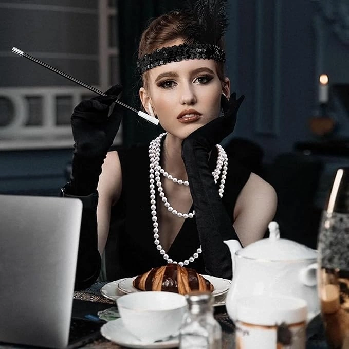 1920’ler Çarliston Aksesuar Seti – İnci Kolye, Eldiven,  Tutucu, Siyah Saç Bandı - Lisinya