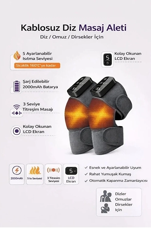 2 Adet Şarjlı Isıtmalı Diz Masaj Aleti – Titreşimli Fizyoterapi Dizlik | Diz Omuz Kol Bacak - Lisinya