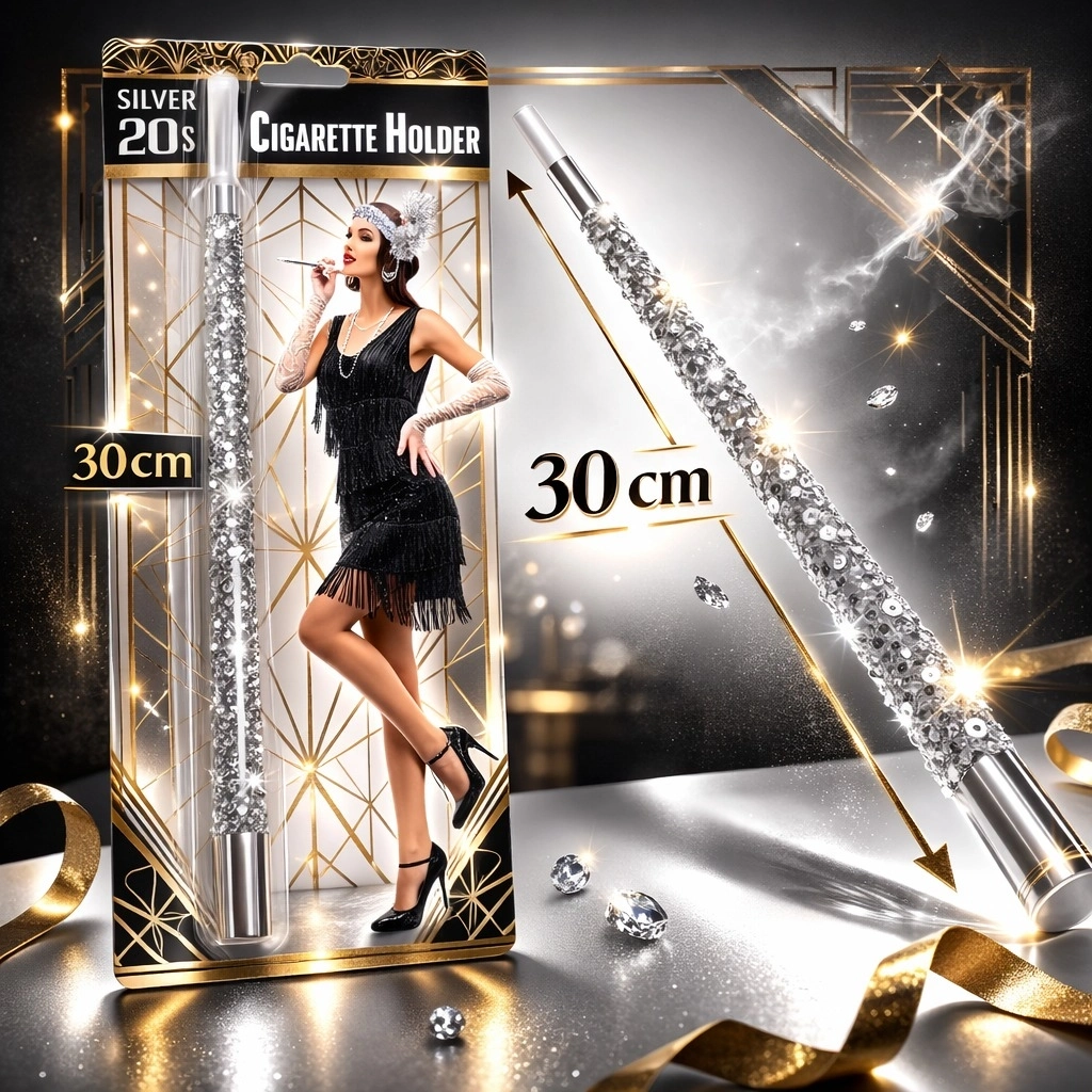 30 Cm Gümüş Payetli Tutacağı – 1920’ler Gatsby Parti Aksesuarı - Lisinya 30 Cm Gümüş Payetli Tutacağı – 1920’ler Gatsby Parti Aksesuarı - Lisinya