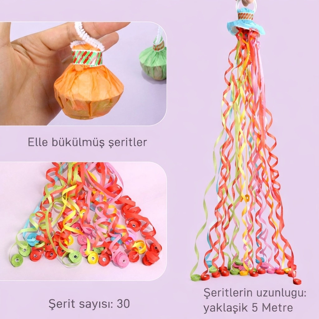 30 Şeritli Renkli Elle Atılan Konfeti – 5 Metre Uzayan Şerit Konfeti 1 Adet - Lisinya
