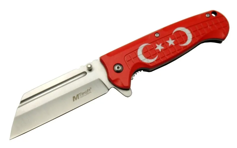 4-27 Kırmızı Tanto Kamp Çakı 21cm - Yarı Otomatik, Kemerlikli, Ay-yıldız Baskılı Sap - Lisinya 4-27 Kırmızı Tanto Kamp Çakı 21cm - Yarı Otomatik, Kemerlikli, Ay-yıldız Baskılı Sap - Lisinya