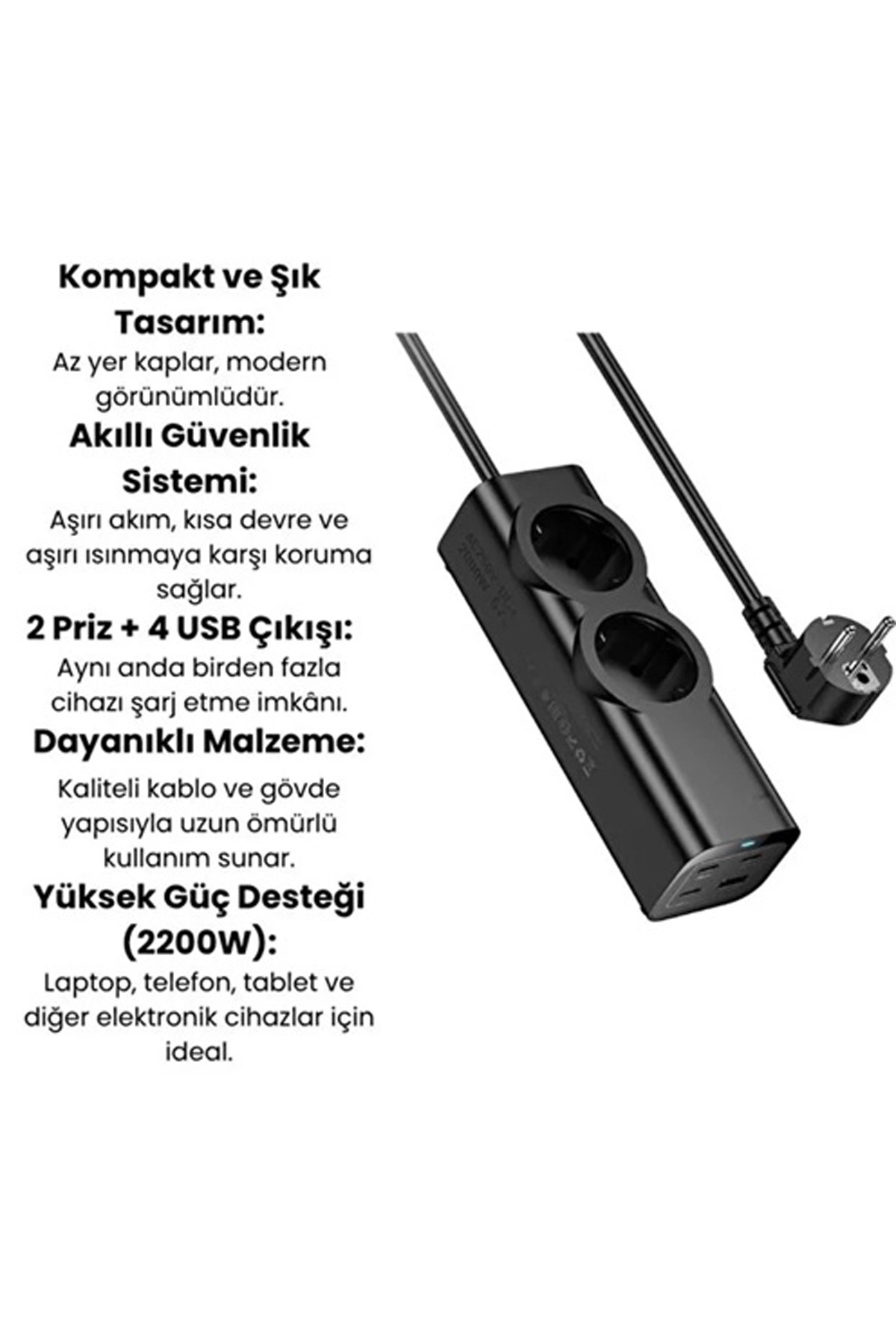 67w Hızlı Şarjlı Akıllı Çoklu Priz – 2000w Güç, 2 Usb-c + 2 Usb-a Çıkışlı, Telefon & Laptop Uyumlu - Lisinya