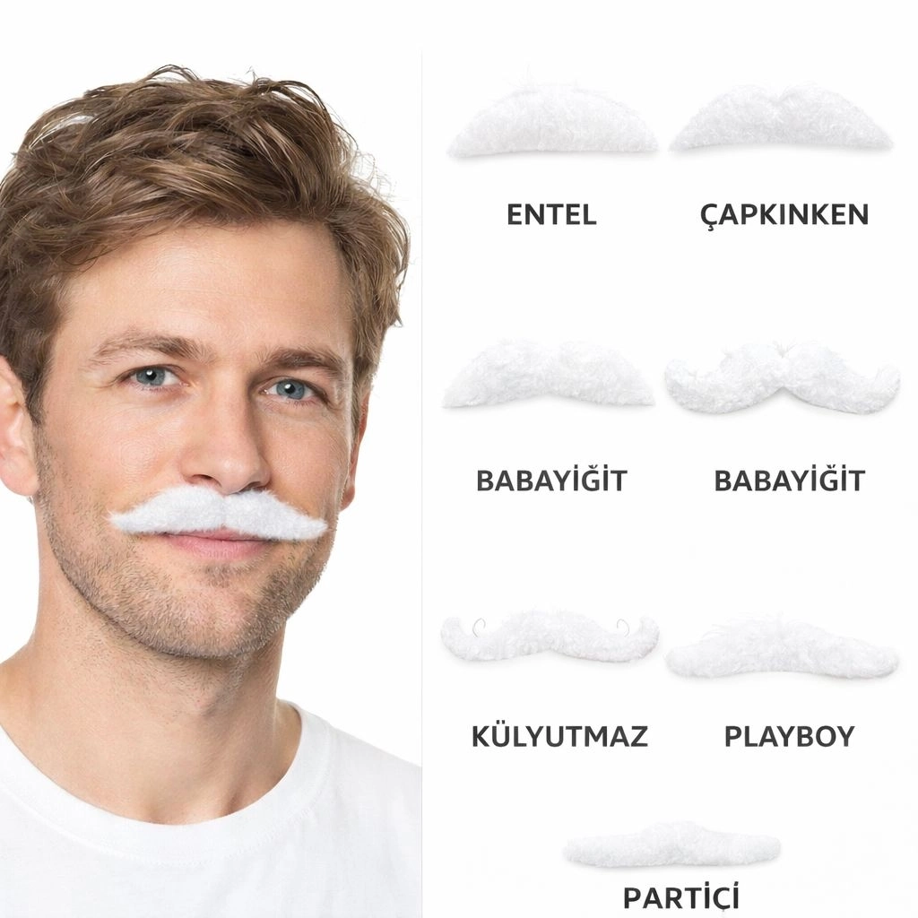 6’lı Yapışkanlı Beyaz Parti Bıyık Seti – Farklı Modeller - Lisinya