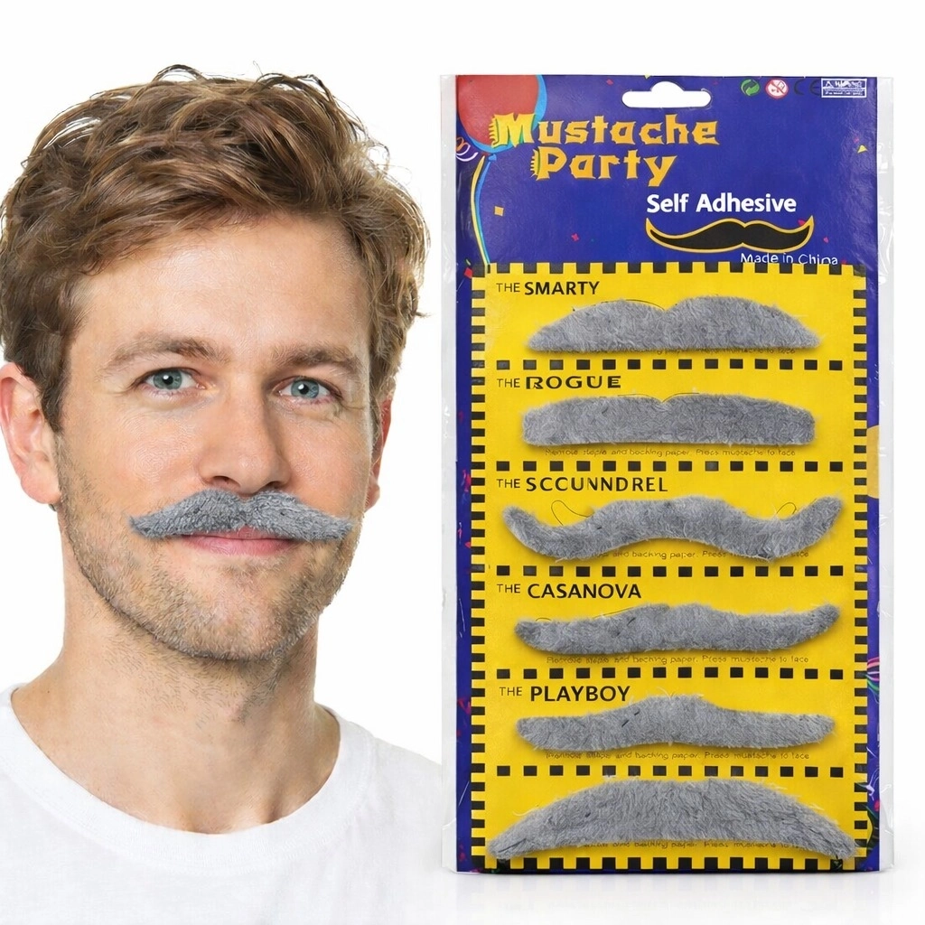 6’lı Yapışkanlı Gri Parti Bıyık Seti – Farklı Modeller - Lisinya