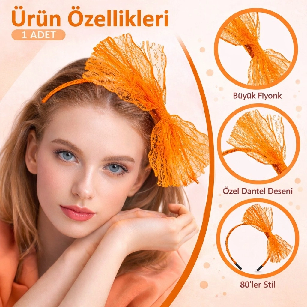 80’ler 90’lar Neon Turuncu Dantel Taç Fiyonklu - Lisinya