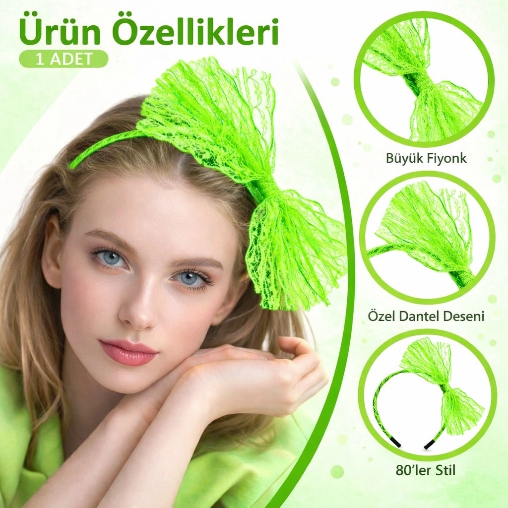 80’ler 90’lar Neon Yeşil Dantel Taç Fiyonklu - Lisinya