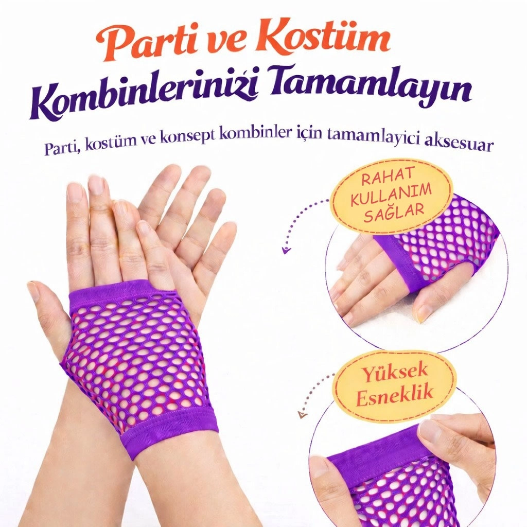 80’ler 90’lar Retro Mor File Parmaksız Kısa Eldiven 11 Cm - Lisinya