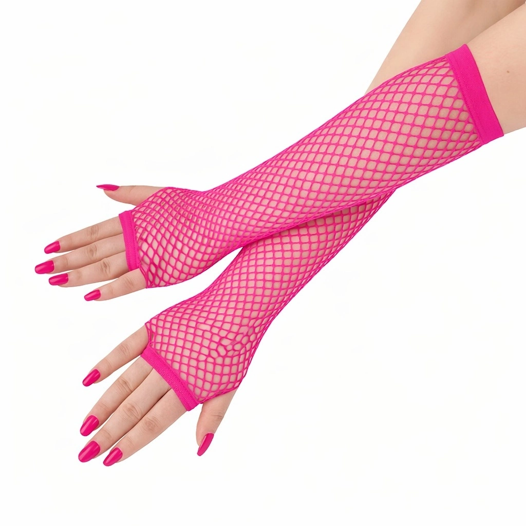 80’ler 90’lar Retro Neon Fuşya Şeker Pembesi File Parmaksız Eldiven 26 Cm - Lisinya
