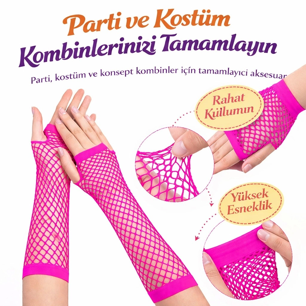 80’ler 90’lar Retro Neon Fuşya Şeker Pembesi File Parmaksız Eldiven 26 Cm - Lisinya