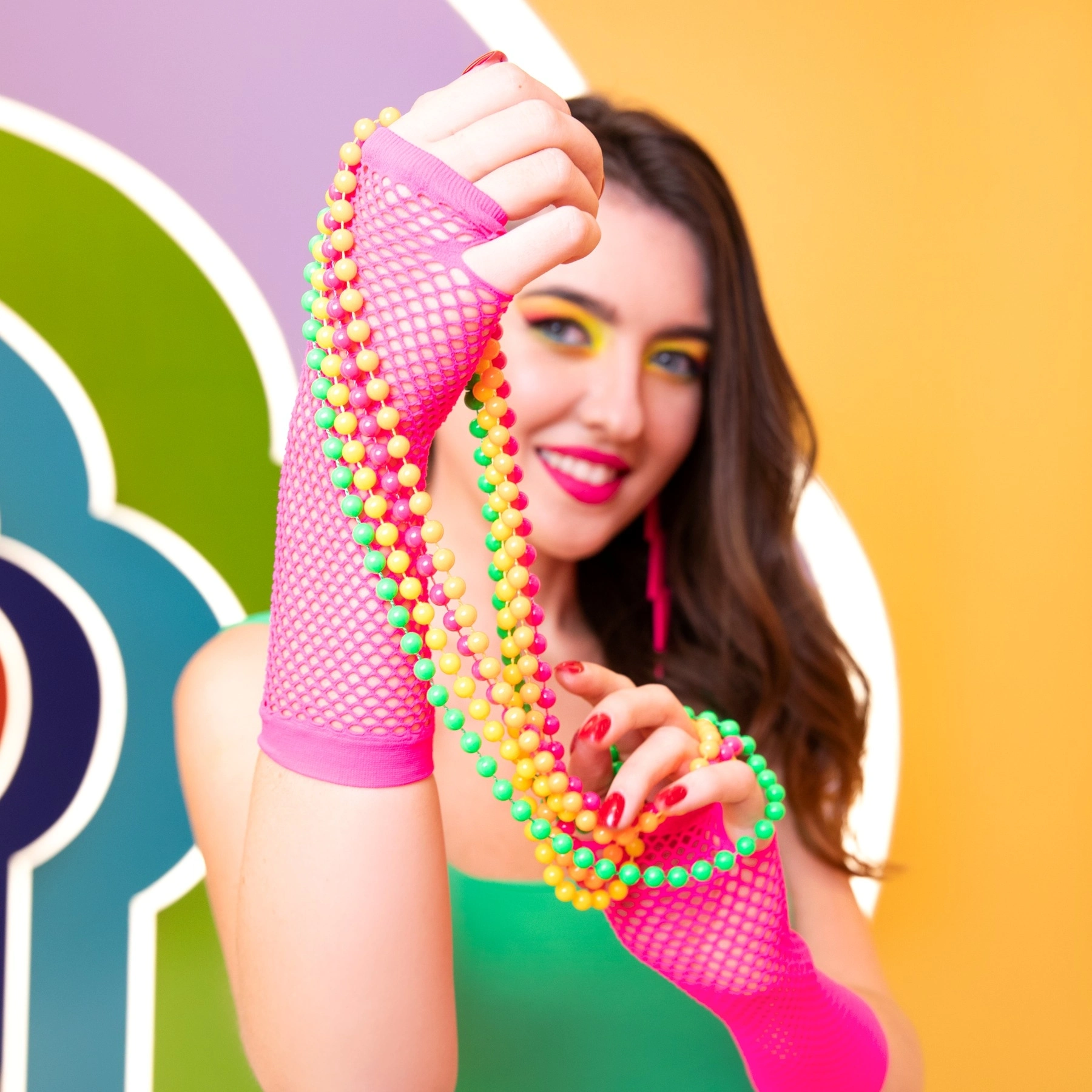 80’ler 90’lar Retro Neon Fuşya Şeker Pembesi File Parmaksız Eldiven 26 Cm - Lisinya