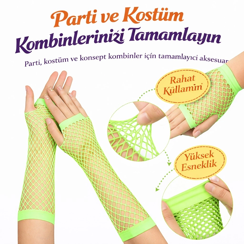 80’ler 90’lar Retro Neon Yeşil File Parmaksız Eldiven 26 Cm - Lisinya