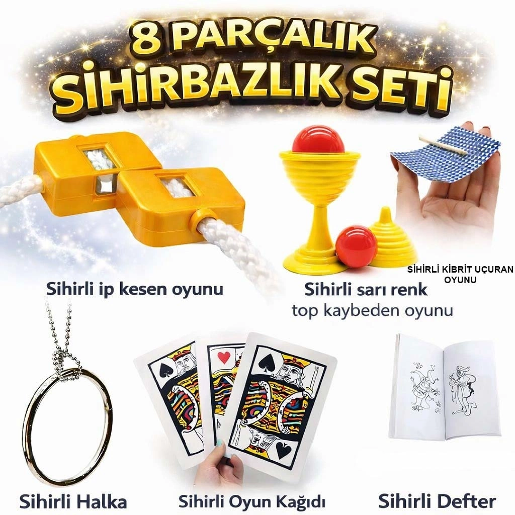 8’li Sihirbazlık Seti (kibrit, Defter, Halka, Kupa, İp, 3’lü Kart) - Lisinya