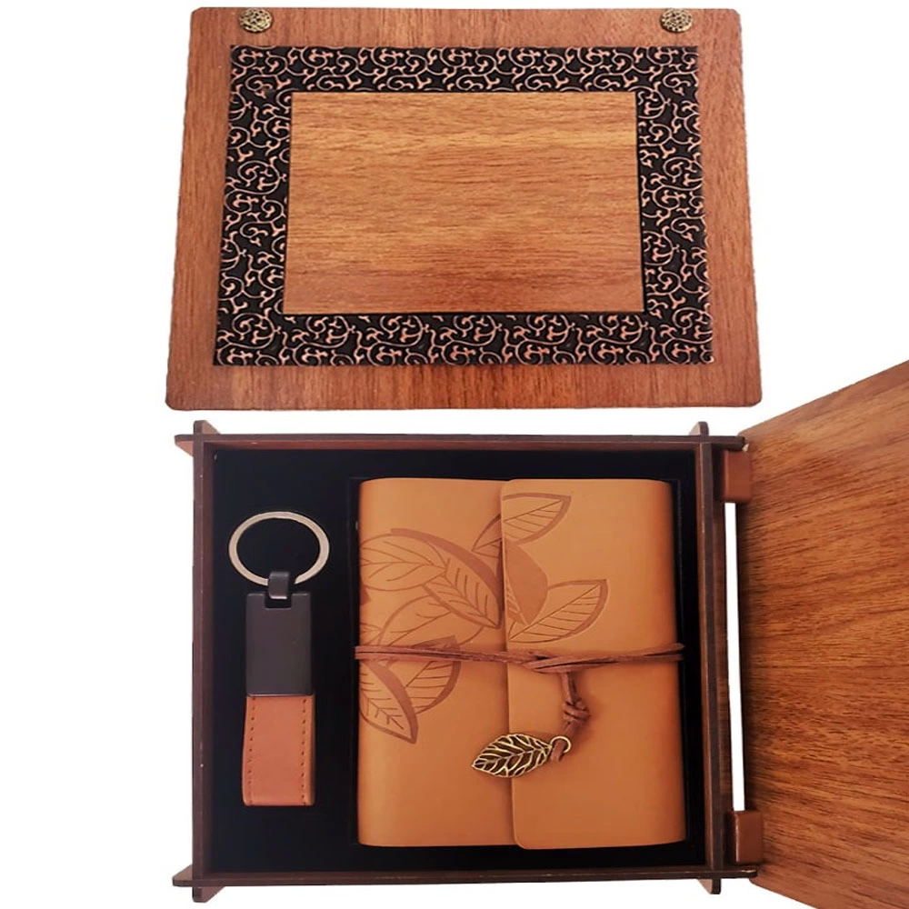 Ahşap Kutulu Taba Renk Deri Defter Anahtarlık Set - Lisinya