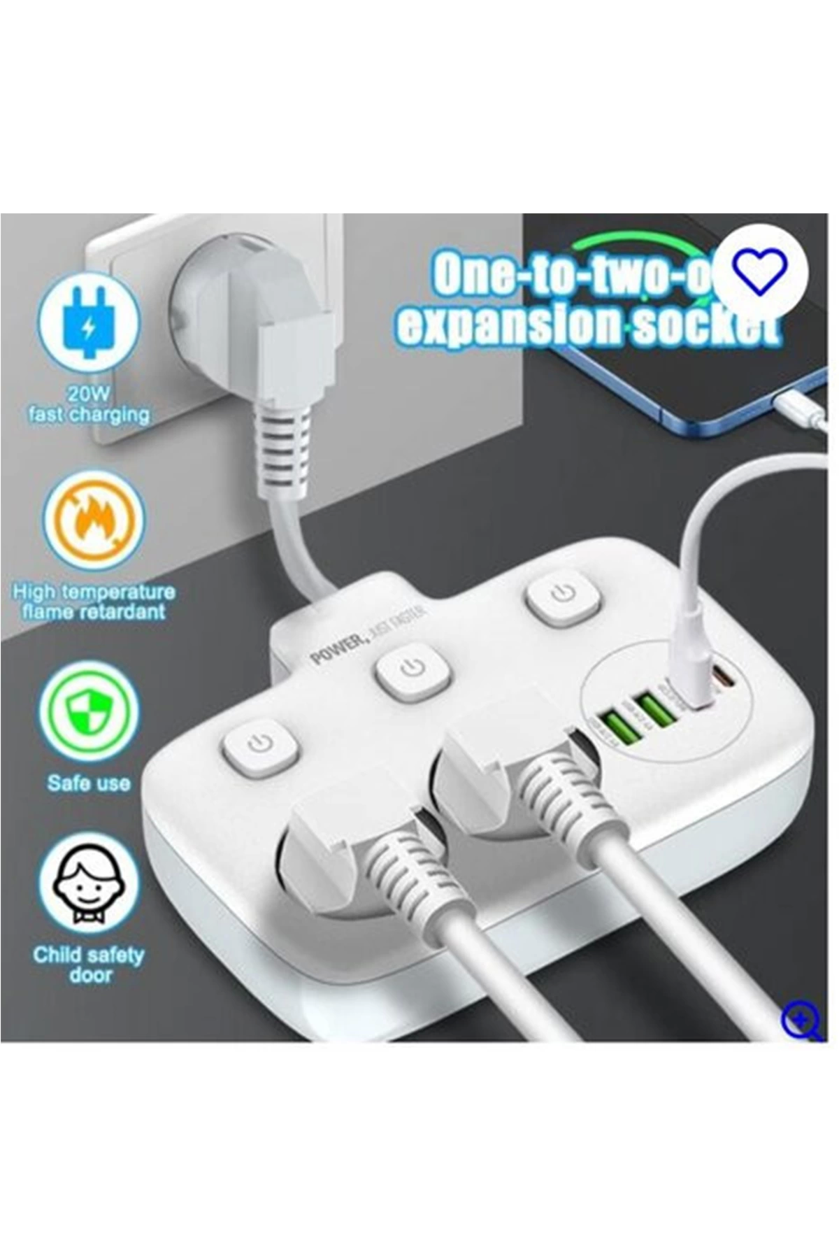 Akım Korumalı 2’li Ayrı Anahtarlı Priz, 2x Priz, 3x Usb, 1x Type-c, 2 Mt Kablo, Hızlı Şarj - Lisinya