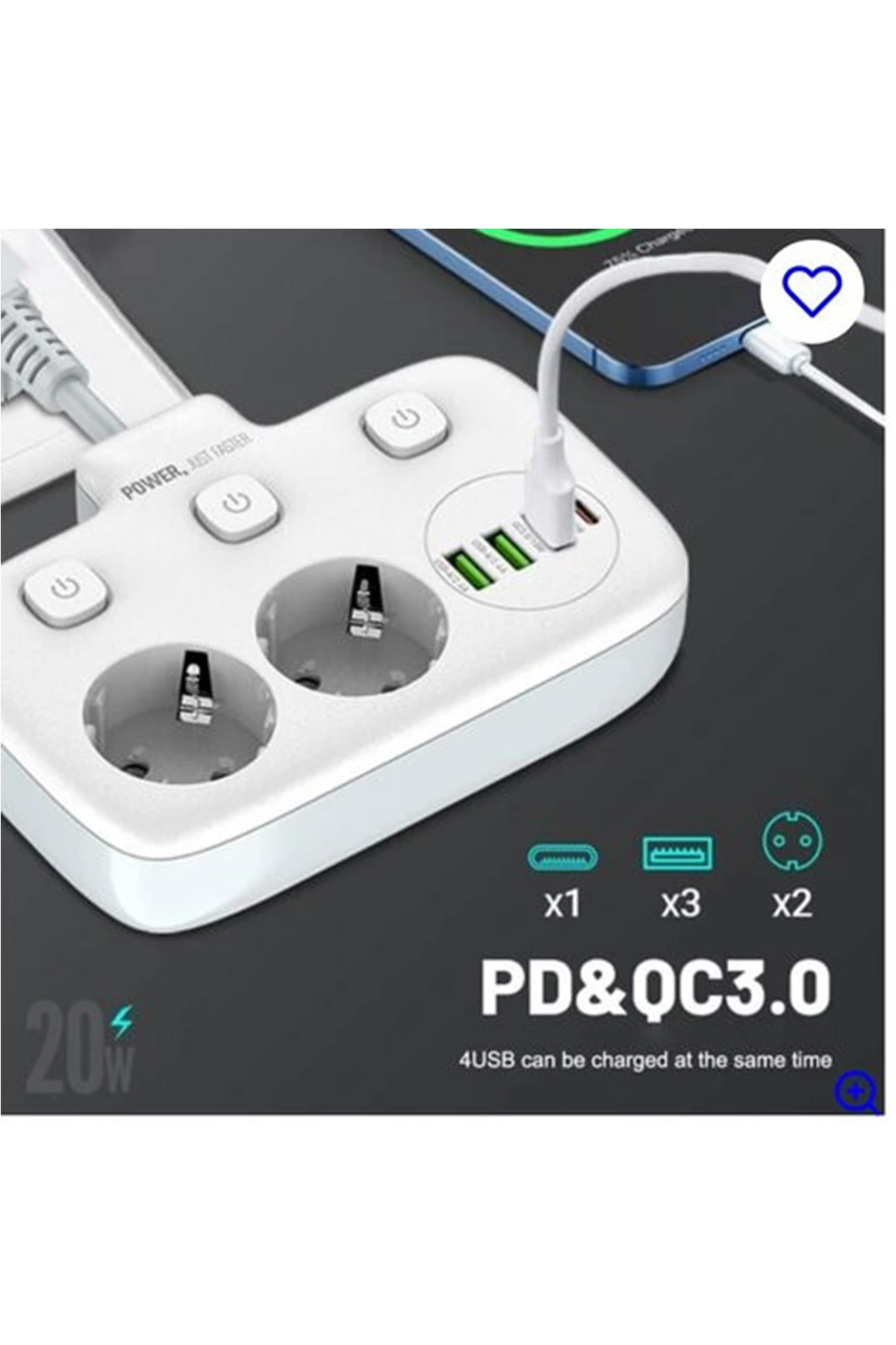 Akım Korumalı 2’li Ayrı Anahtarlı Priz, 2x Priz, 3x Usb, 1x Type-c, 2 Mt Kablo, Hızlı Şarj - Lisinya