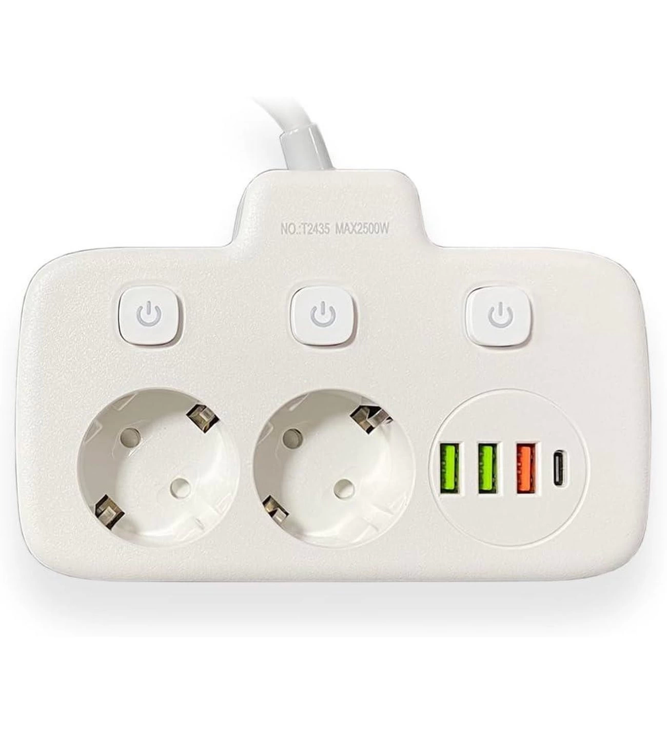 Akım Korumalı 2’li Ayrı Anahtarlı Priz, 2x Priz, 3x Usb, 1x Type-c, 2 Mt Kablo, Hızlı Şarj - Lisinya