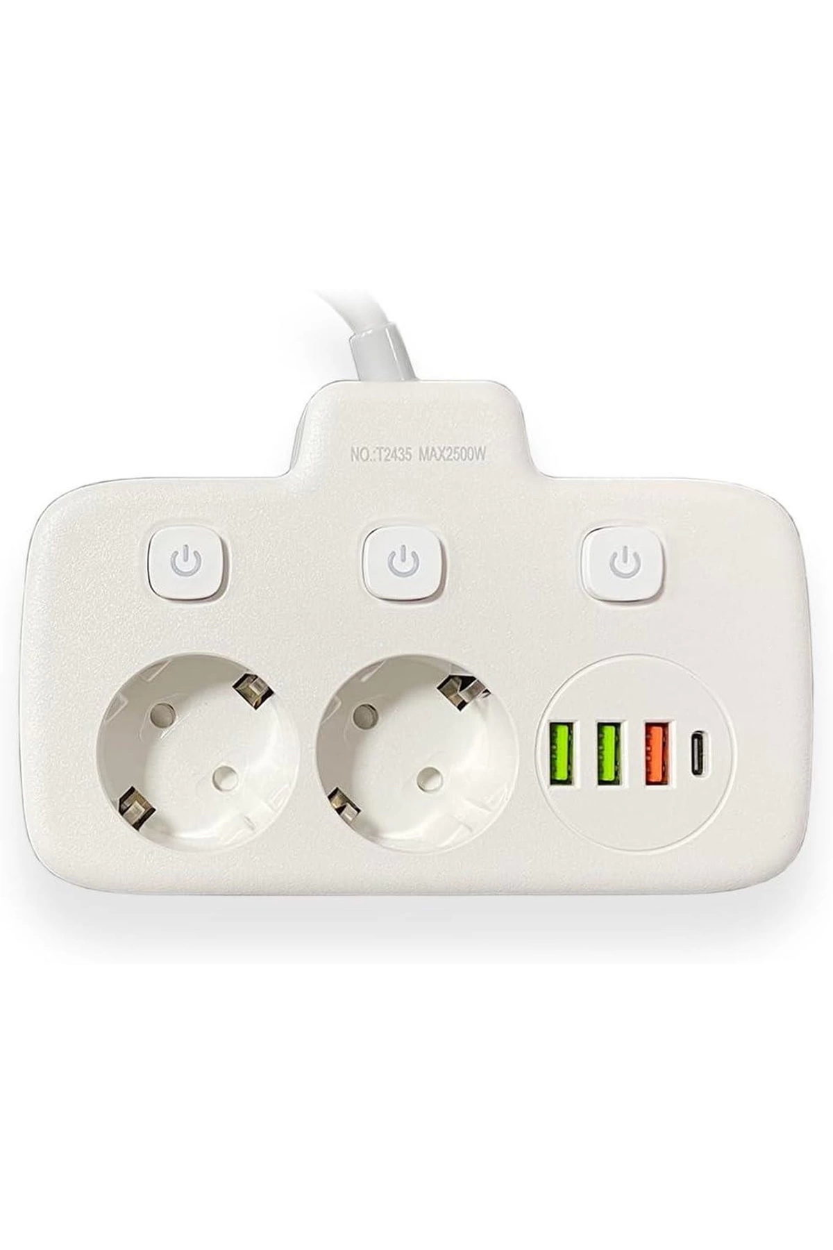 Akım Korumalı 2’li Ayrı Anahtarlı Priz, 2x Priz, 3x Usb, 1x Type-c, 2 Mt Kablo, Hızlı Şarj - Lisinya