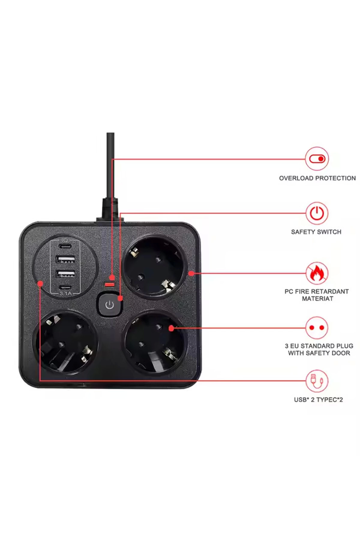 Akım Korumalı Anahtarlı Priz - 3x Priz - 2x Usb - 2x Type-c - 2 Mt Kablo Hızlı Şarj Özellikli Siyah - Lisinya Akım Korumalı Anahtarlı Priz - 3x Priz - 2x Usb - 2x Type-c - 2 Mt Kablo Hızlı Şarj Özellikli Siyah - Lisinya