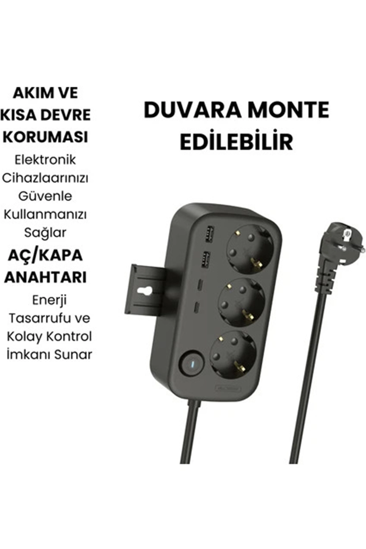 Akım Korumalı Priz 2 Usb + 2 Type-c Girişli 2 Metre Kablosu Anahtarlı Ve Duvara Monte Edilebilir - Lisinya
