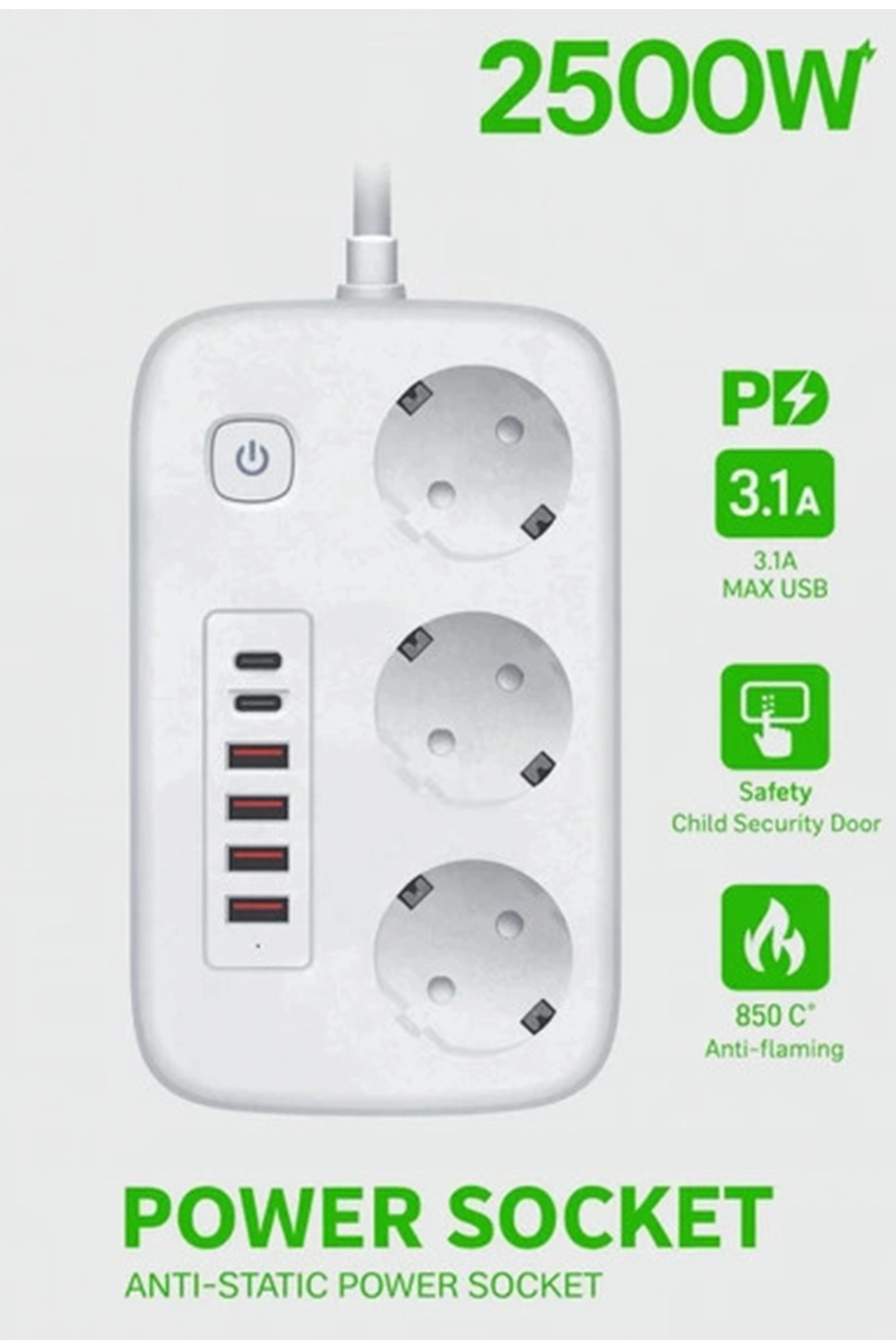 akım Korumalı Priz Ve Masaüstü Şarj İstasyonu Kablosuz 3 Priz ,4 Usb, 2 Type-c Girişli 2 Metre - Lisinya