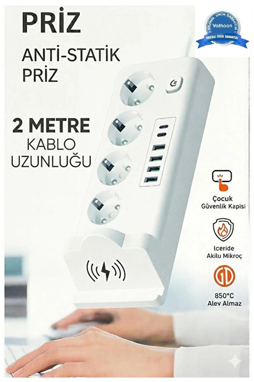 Akım Korumalı Priz Ve Masaüstü Şarj İstasyonu Kablosuz 4 Priz ,4 Usb, 2 Type-c Girişli 2 Metre - Lisinya Akım Korumalı Priz Ve Masaüstü Şarj İstasyonu Kablosuz 4 Priz ,4 Usb, 2 Type-c Girişli 2 Metre - Lisinya