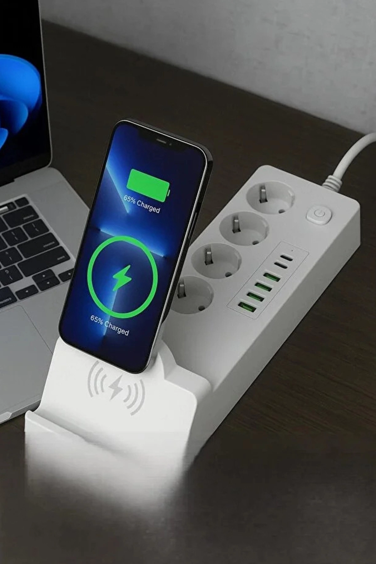 Akım Korumalı Priz Ve Masaüstü Şarj İstasyonu Kablosuz 4 Priz ,4 Usb, 2 Type-c Girişli 2 Metre - Lisinya