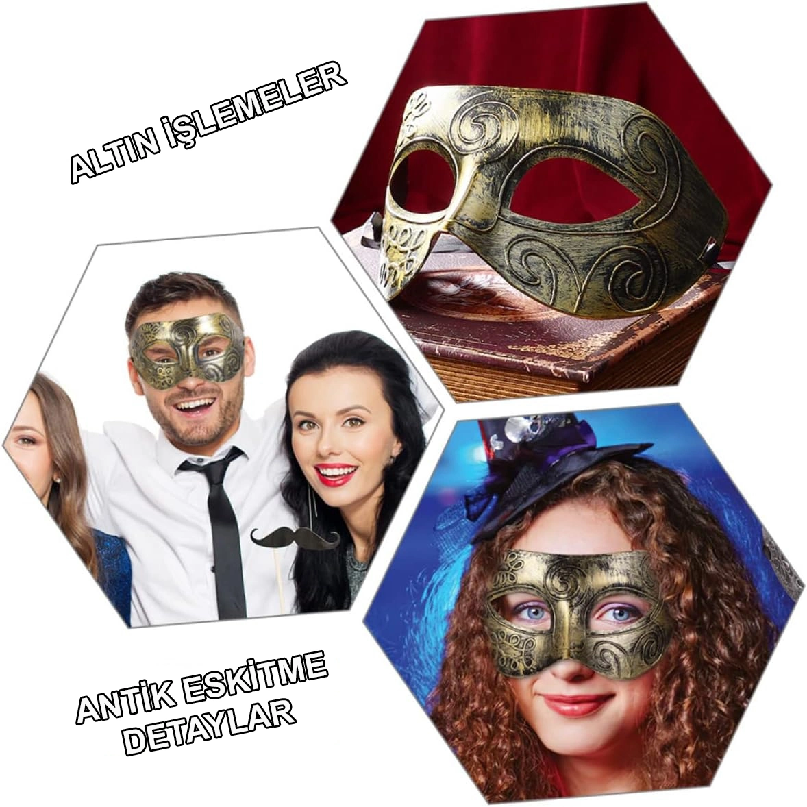 Altın Eskitme Yüz Maskesi - Antik Tarz Balo Maskesi - Lisinya