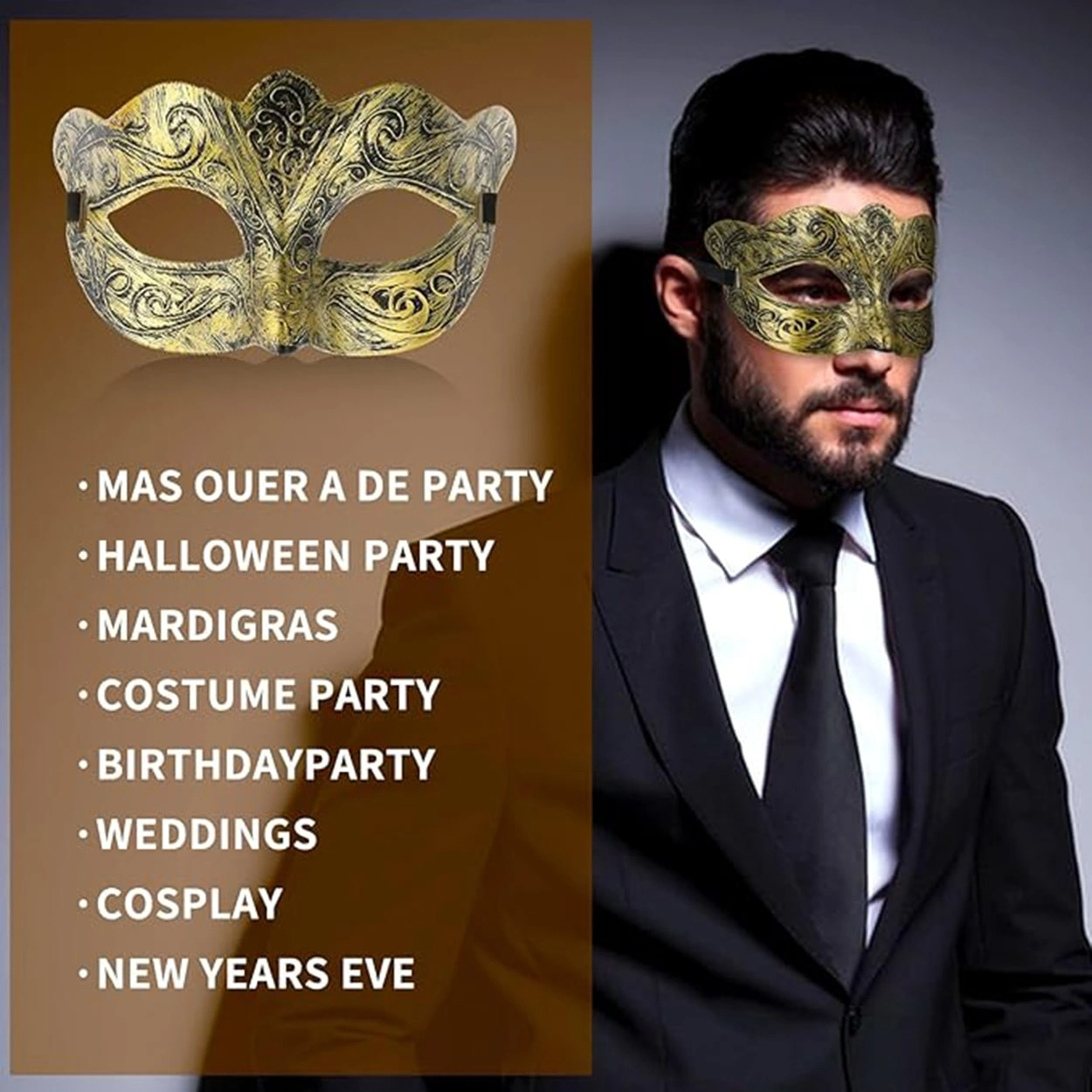 Altın Renk Eskitme Maskeli Balo Maskesi – Venedik Tarzı Parti Maskesi - Lisinya