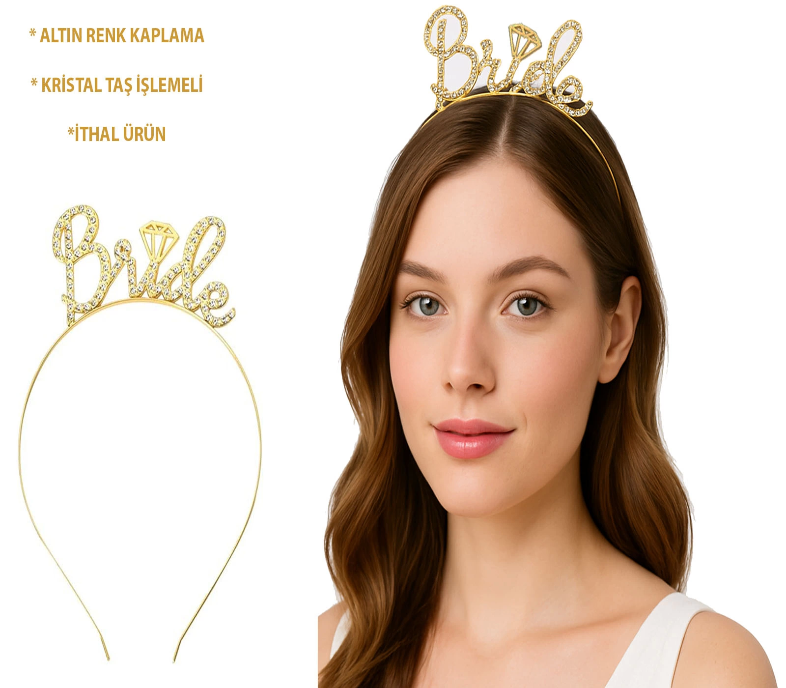 Altın Renkli Taşlı “bride” Gelin Tacı – El Yazısı Yazı Tipiyle - Lisinya