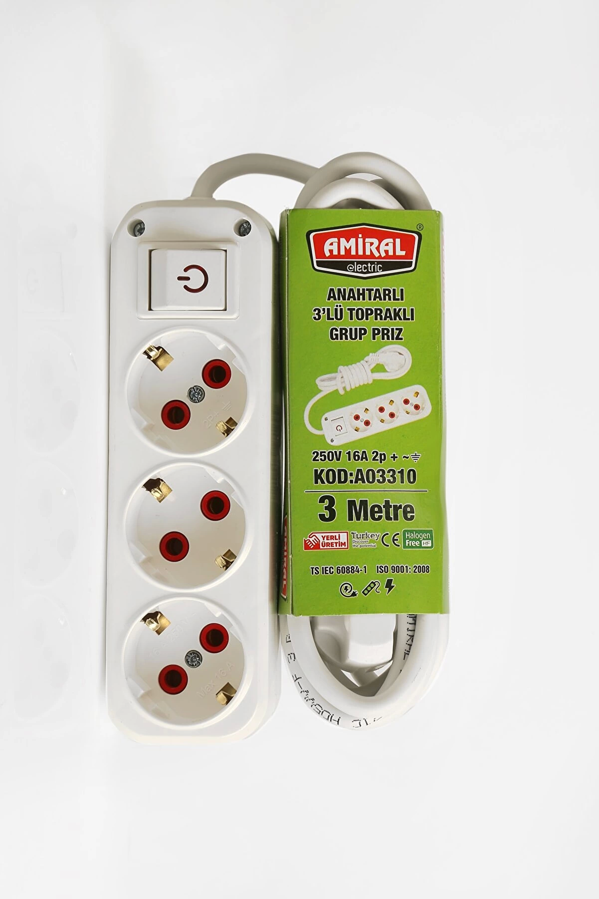 Amiral 3' Lü Topraklı Anahtarlı 3 Metre Kablolu Grup Priz - Lisinya