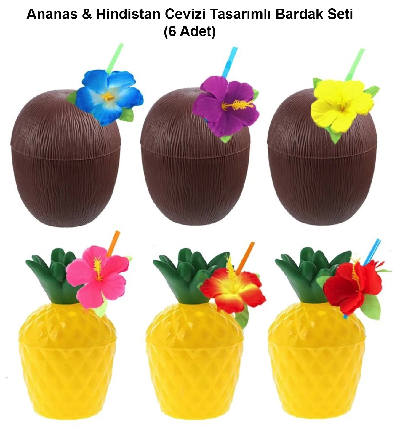 Ananas Hindistan Cevizi Tasarımlı Pipetli Bardak Seti (6 Adet) - Lisinya Ananas Hindistan Cevizi Tasarımlı Pipetli Bardak Seti (6 Adet) - Lisinya