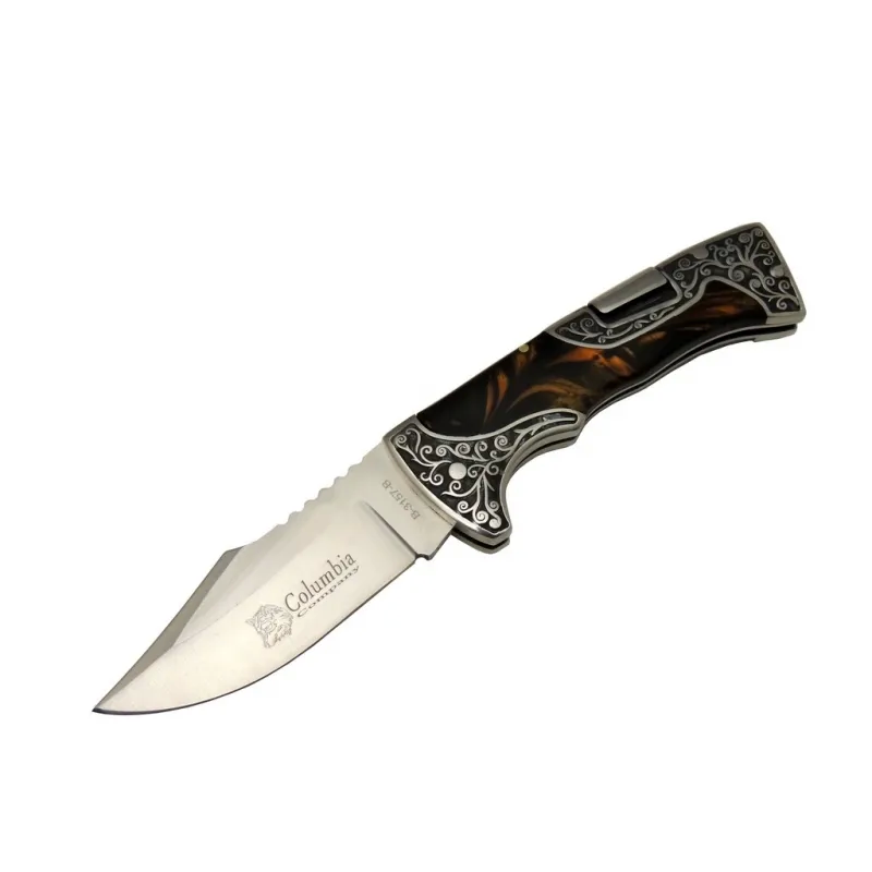 B3157b İşlemeli Kamp Çakı 22 Cm - Kahverengi Sedef Saplı, Manuel Açılma - Lisinya B3157b İşlemeli Kamp Çakı 22 Cm - Kahverengi Sedef Saplı, Manuel Açılma - Lisinya