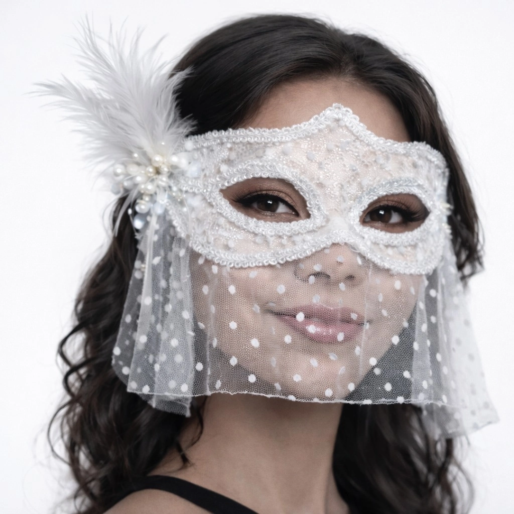 Beyaz Dantel Tüllü Peçeli Parti Maskesi – Tüylü İnci Detaylı - Lisinya