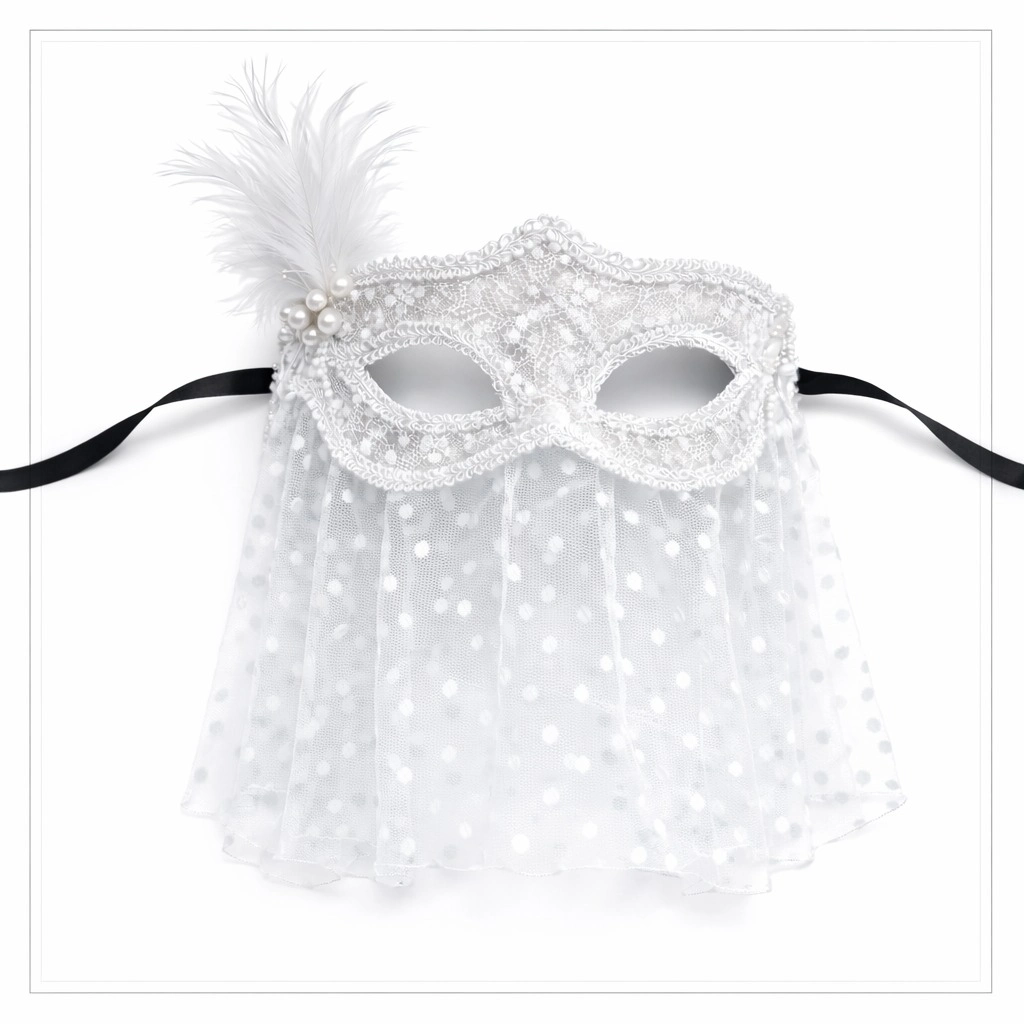 Beyaz Dantel Tüllü Peçeli Parti Maskesi – Tüylü İnci Detaylı - Lisinya Beyaz Dantel Tüllü Peçeli Parti Maskesi – Tüylü İnci Detaylı - Lisinya