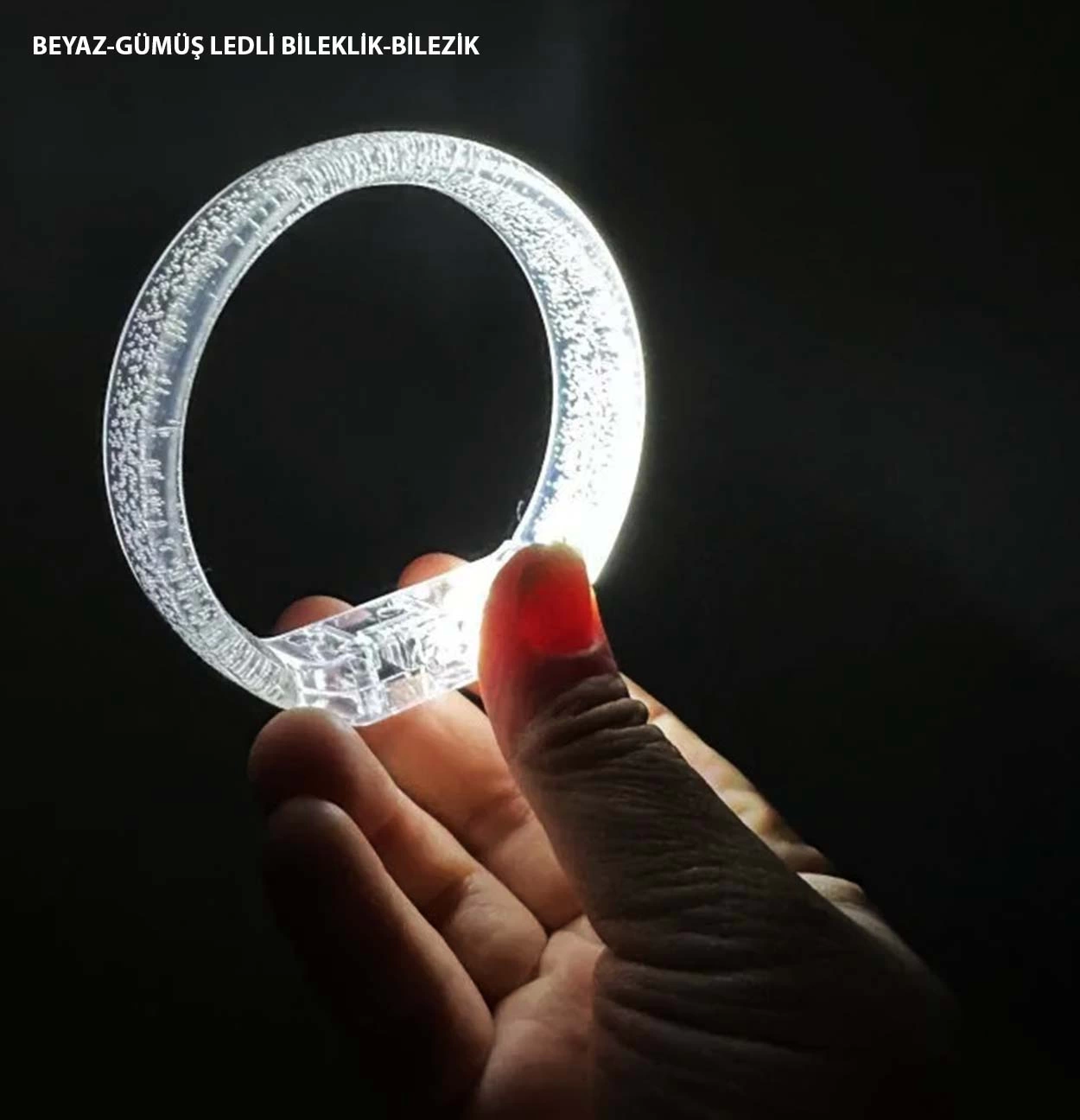 Beyaz-gümüş Led Işıklı Baskı Yapılabilen Pilli Bileklik Bilezik 1,5 Cm Genişlik - Lisinya